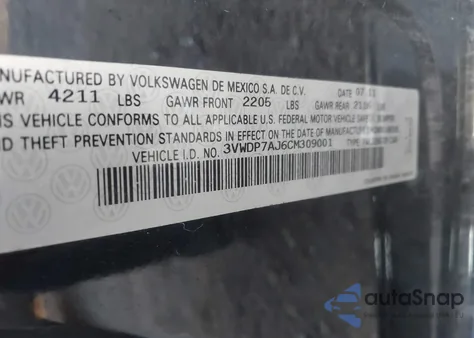 2012 Volkswagen Jetta 2.5L Se from USA, damaged, VIN 3VWDP7AJ6CM309001